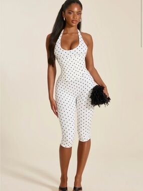 White Polka Dot Halter Capri Jumpsuit